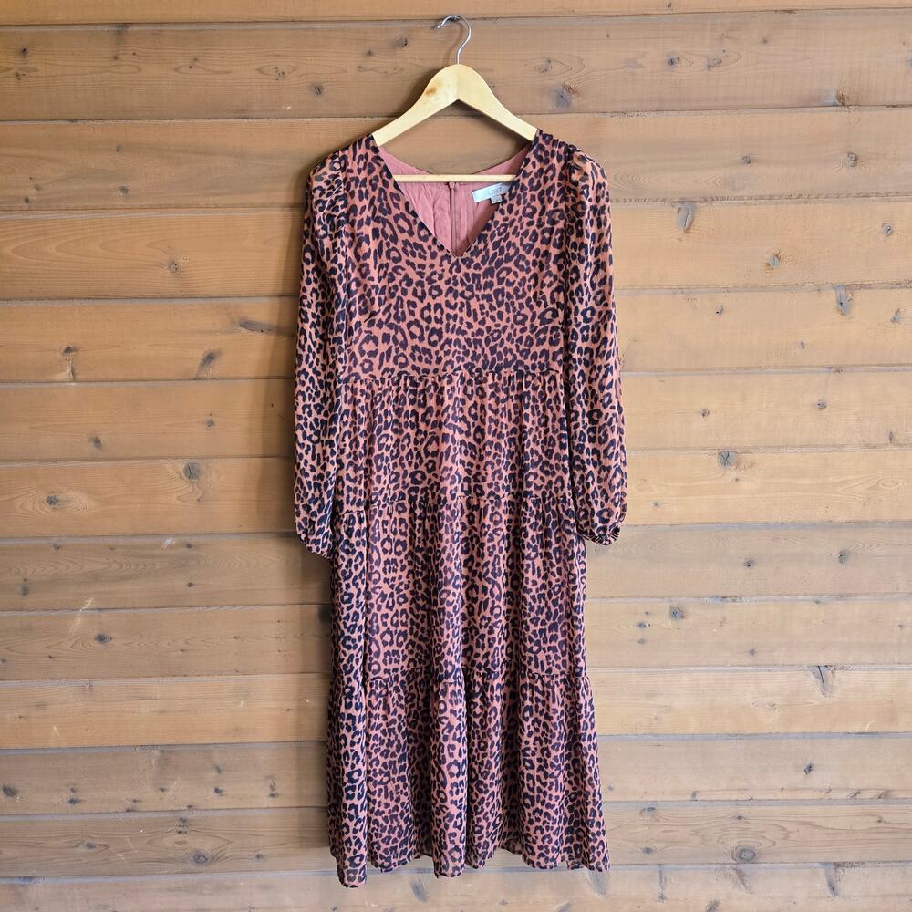 Loft Dress Leopard Midi Tiered V-Neck Boho Animal Long Sleeve 6 Puff Auburn - Picture 2 of 6